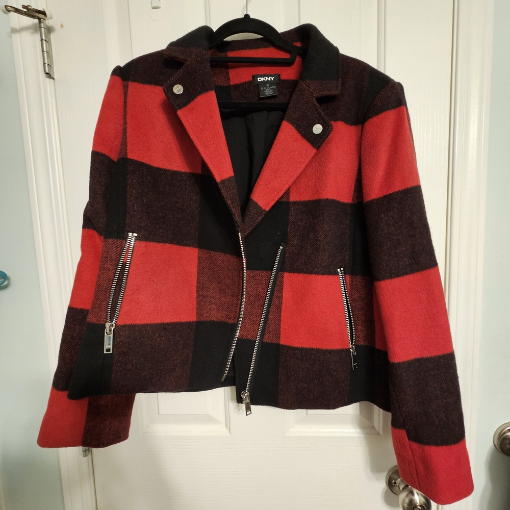 DKNY Women's Red and Black Plaid Jacket